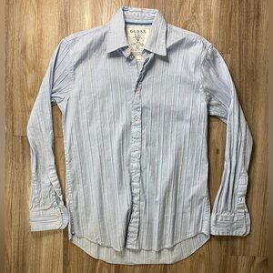 GUESS Men's Light Blue Button Up Shirt Vintage Darted Striped